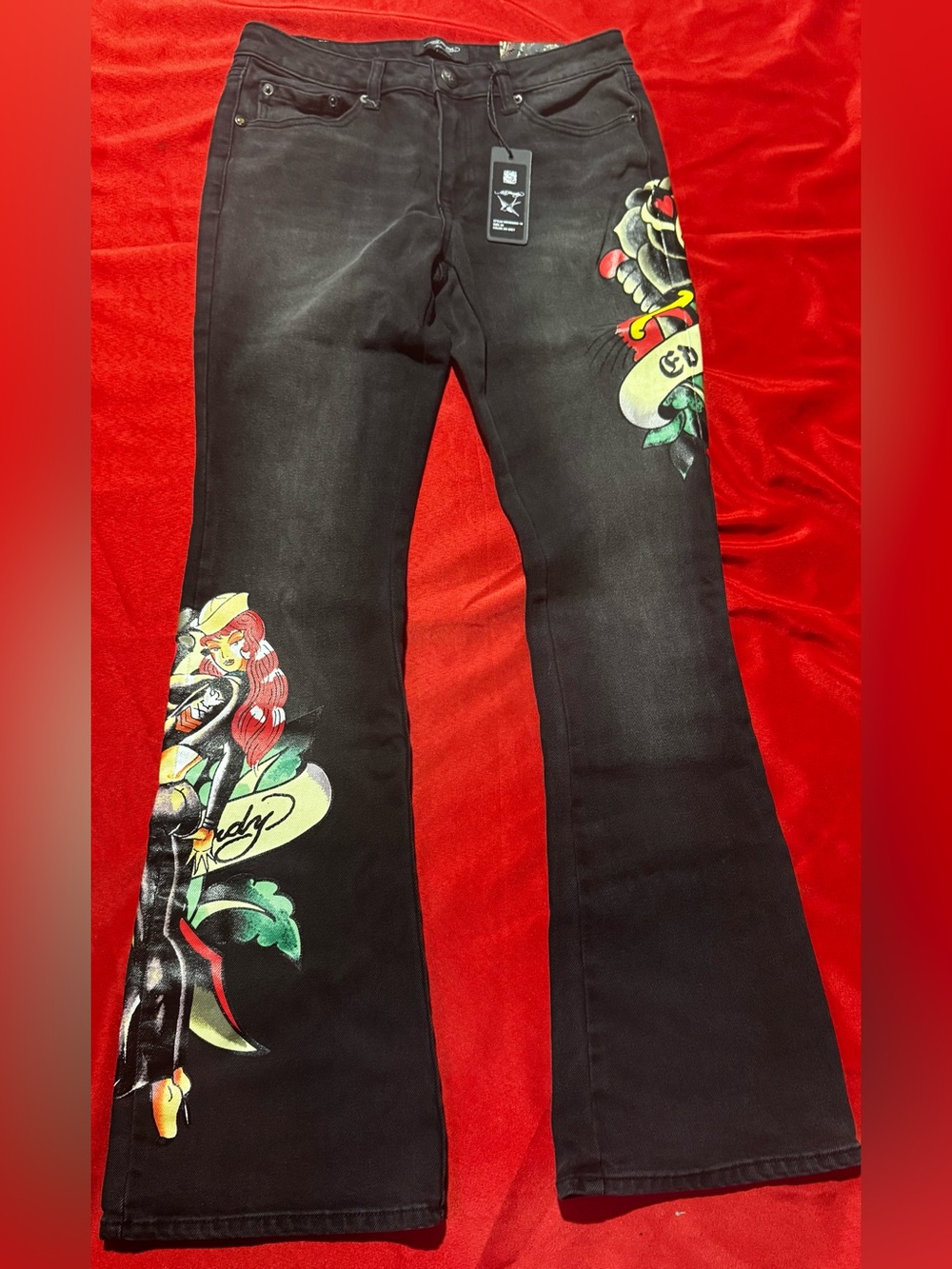 Ed Hardy Black Flare Jeans with Colorful Tattoo Graphics